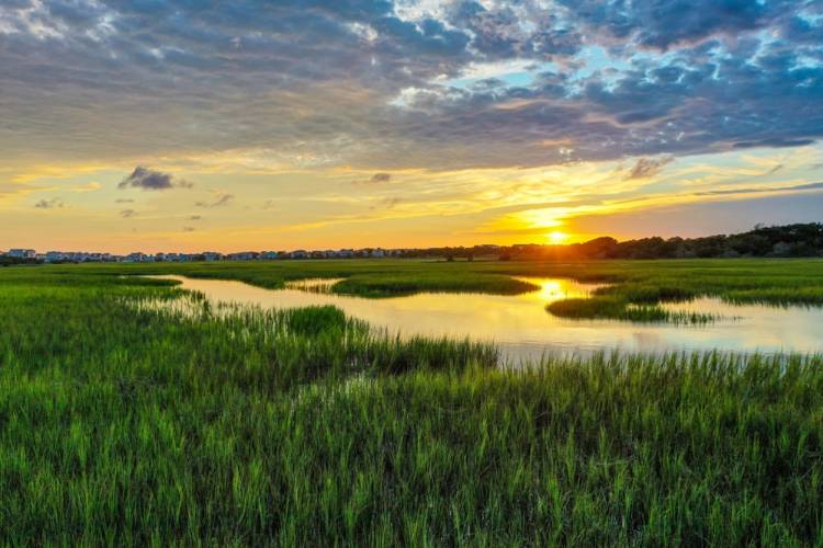 View of sunset on St. Simons Island over marsh